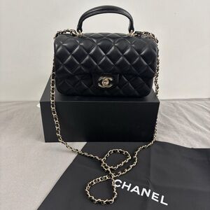 CHANEL Black Quilted Leather Top Handle Crossbody with Gold Chain